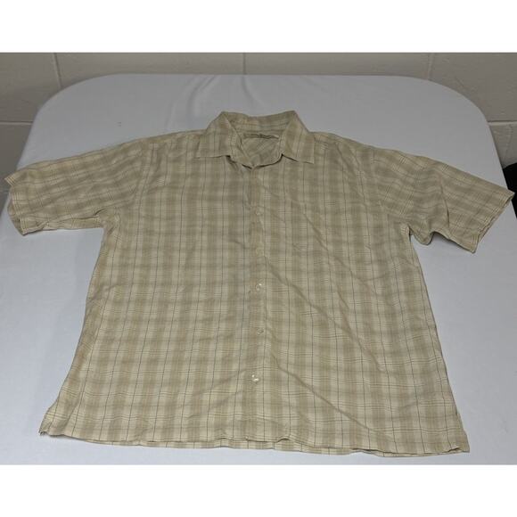 Tommy Bahama Medium Beige Silk Plaid Pattern Short Sleeve Button Down Shirt Men - Picture 1 of 15